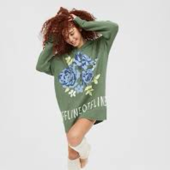 aerie Tops - OFFLINE By Aerie Green Floral Rose Print Sweater Hoodie  Size Medium
